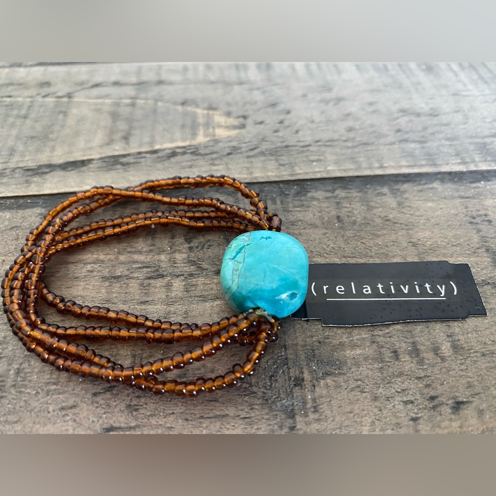 Relativity Bead Bracelet With Turquoise Stone Brown Stretch 4  Bead Strand